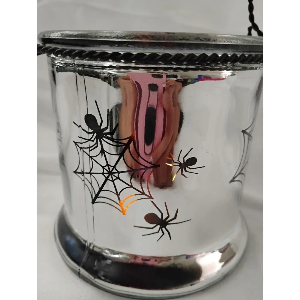 Halloween Spider Web Candle Holder Lantern, Silver Glass Decoration